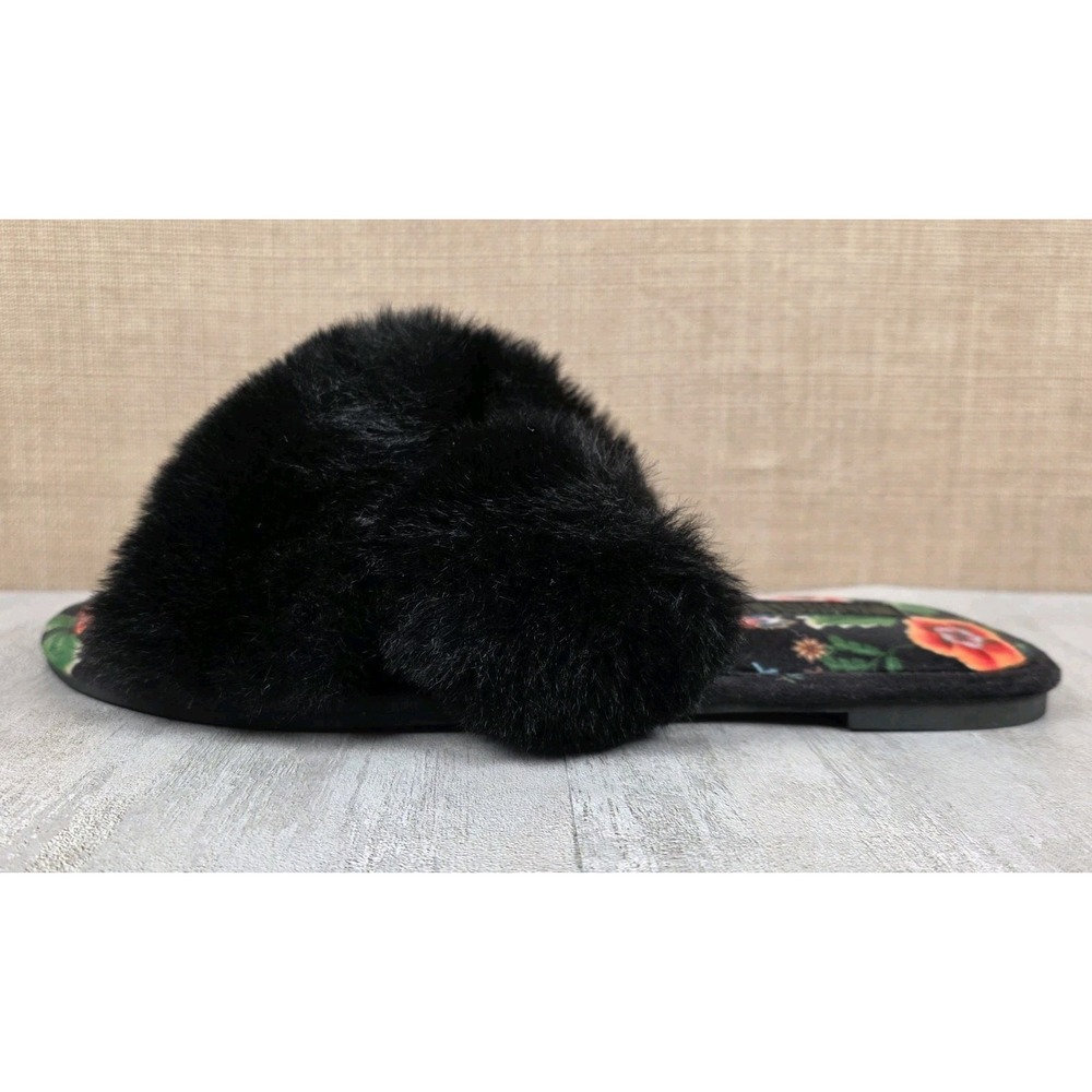 Johnny Was Ardell X Slipper Black Faux Fur Floral Print Slides Womens 8M Boho - Picture 5 of 10